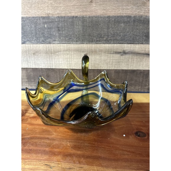 Vintage MCM Hand Blown Murano Style Sooner Swan Blue Yellow Art Glass Dish 11.5” - Picture 4 of 6